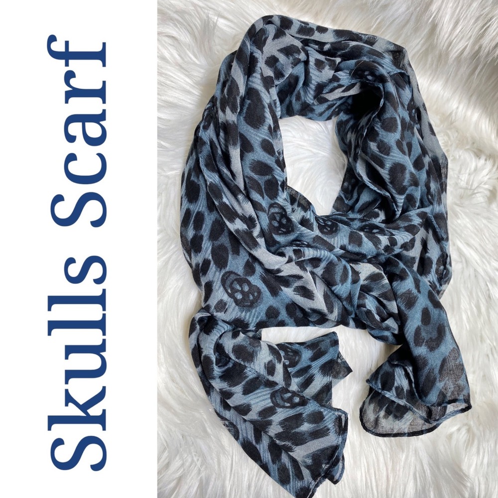 Oversized Blue Skull Leopard Print Gauze Scarf Wrap Shawl 78x28 Whimsygoth